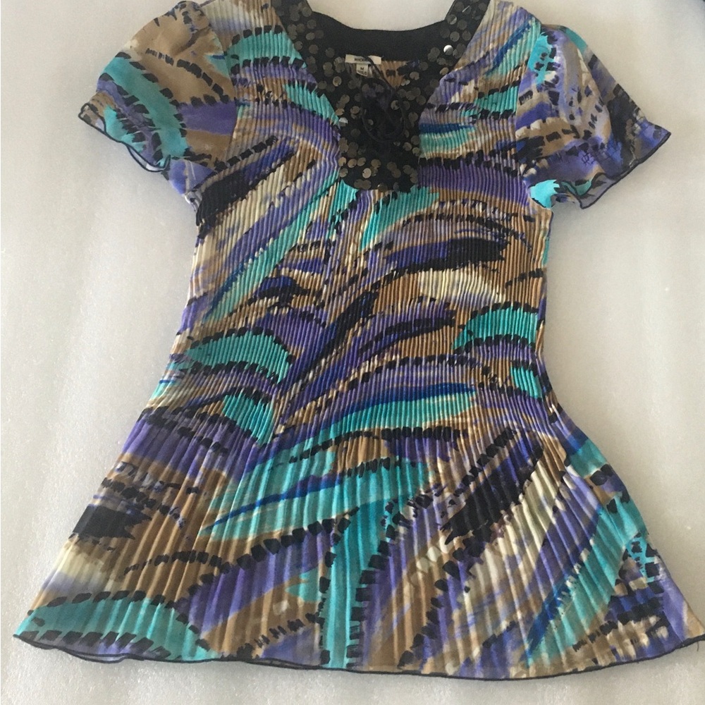 Nicola Multicolor Stretchy Top-Pleated-Puffy Sleeve-M- Sequins-Purple Brown Teal